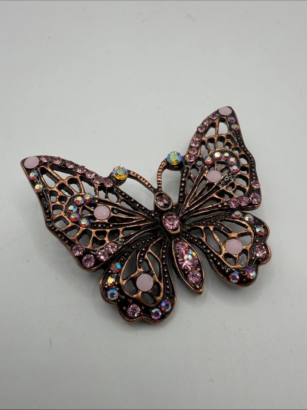 Vintage Style Butterfly Brooch Pink AB Rhinestones Antiqued Copper Tone